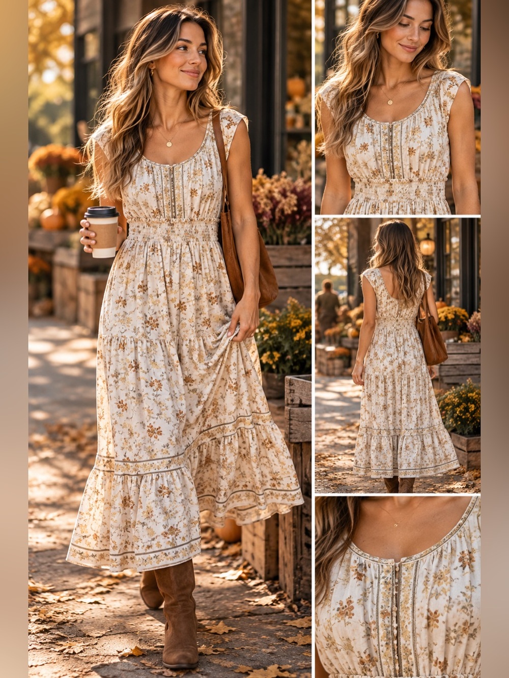 Max Studio Cream Boho Cottagecore Floral Maxi Dress with Tan Accents size XL